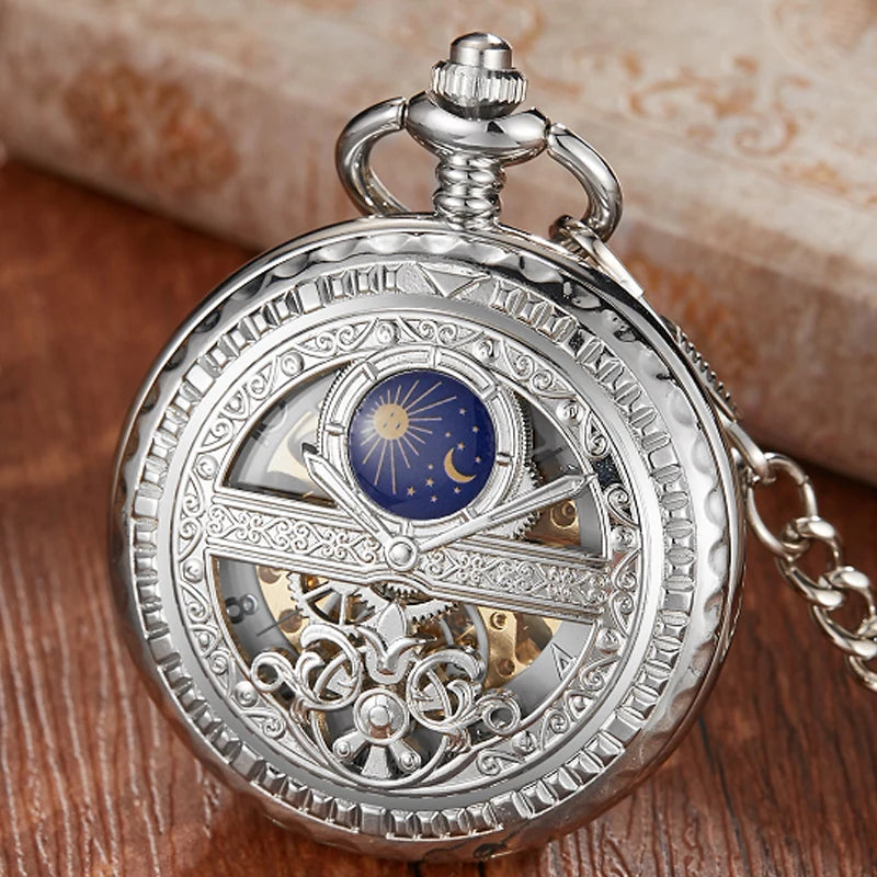 GORBEN Adults Mechanical Hand-Winding Glass Face Black-Sliver-Gold Round Stainless Steel Metal Case Analog Display Hollow-Out Skeleton Dial Blue Night Sky-Half Moon-Stars-Sun Design Analog Display Chain-Pocket Watches/With Box-Without Box