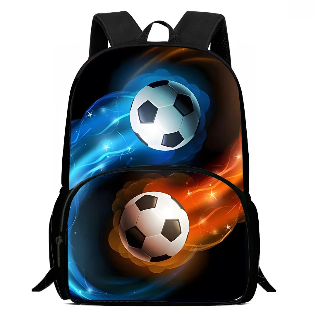 MINISO Kids 3 PCS Large Waterproof Nylon Fabric Zippers Exterior Pockets Printed-Burning Flames Soccer Ball Design Curved Back Shoulder Straps-Handle Sports IPAD Compartment School Backpacks/Color-Black/White/Blue/Multicolor
