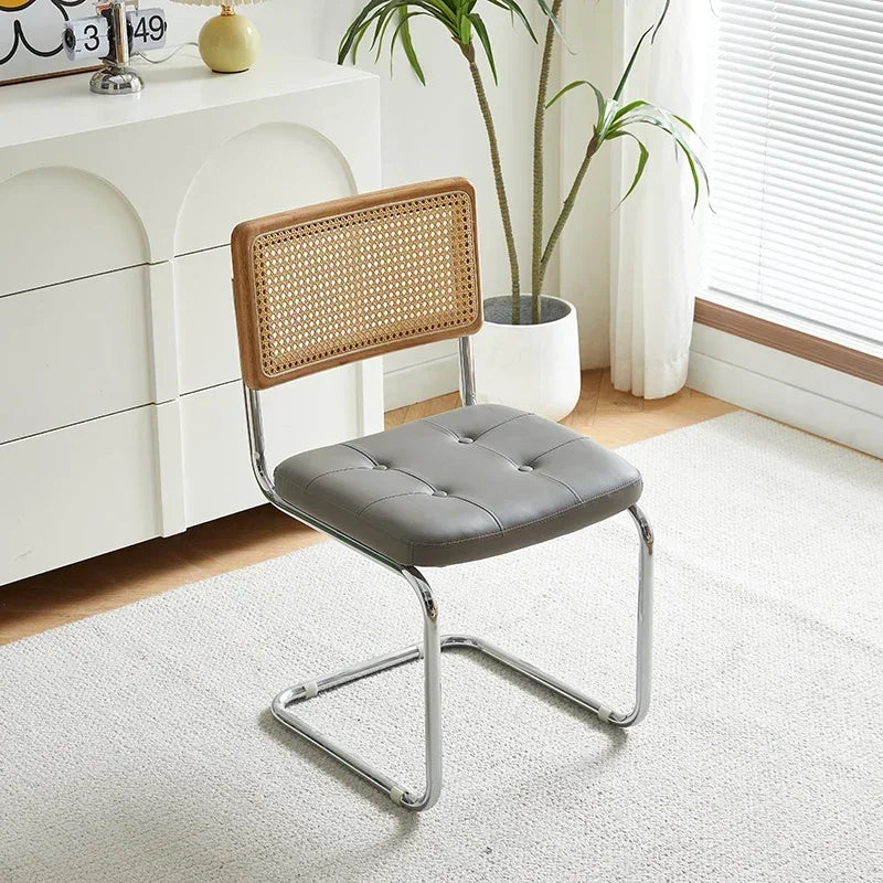No-EN-Name-Null Nordic Armless Woven Rattan Brown Solid Wood Beige Meshed Hard Backrest-Faux Leather Seat Cushion Silver Stainless Steel Metal Frame-Legs Kitchen-Dining Room Chairs/Colors-Brown/Green/Black/Gray/Orange