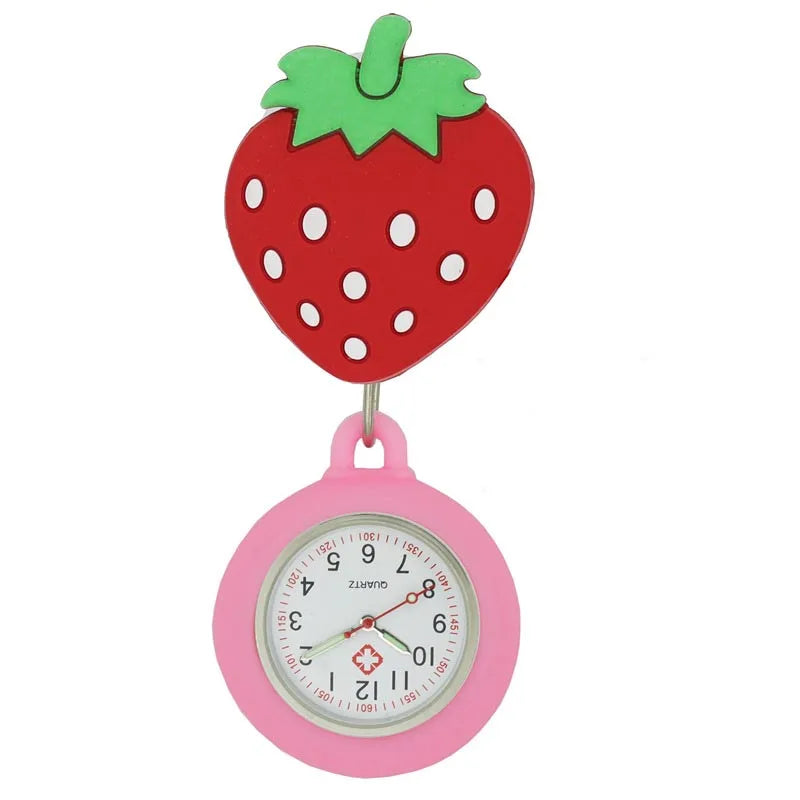 AIYOHI Quartz Analog-Digital Display Round Glass Face Silicone Covered Metal Alloy Case Cute Cartoon Animals-Fruit-Flowers-Cat Paw-Smiling Cloud Design Nurses-Doctors Retractable FOB Pocket Watches