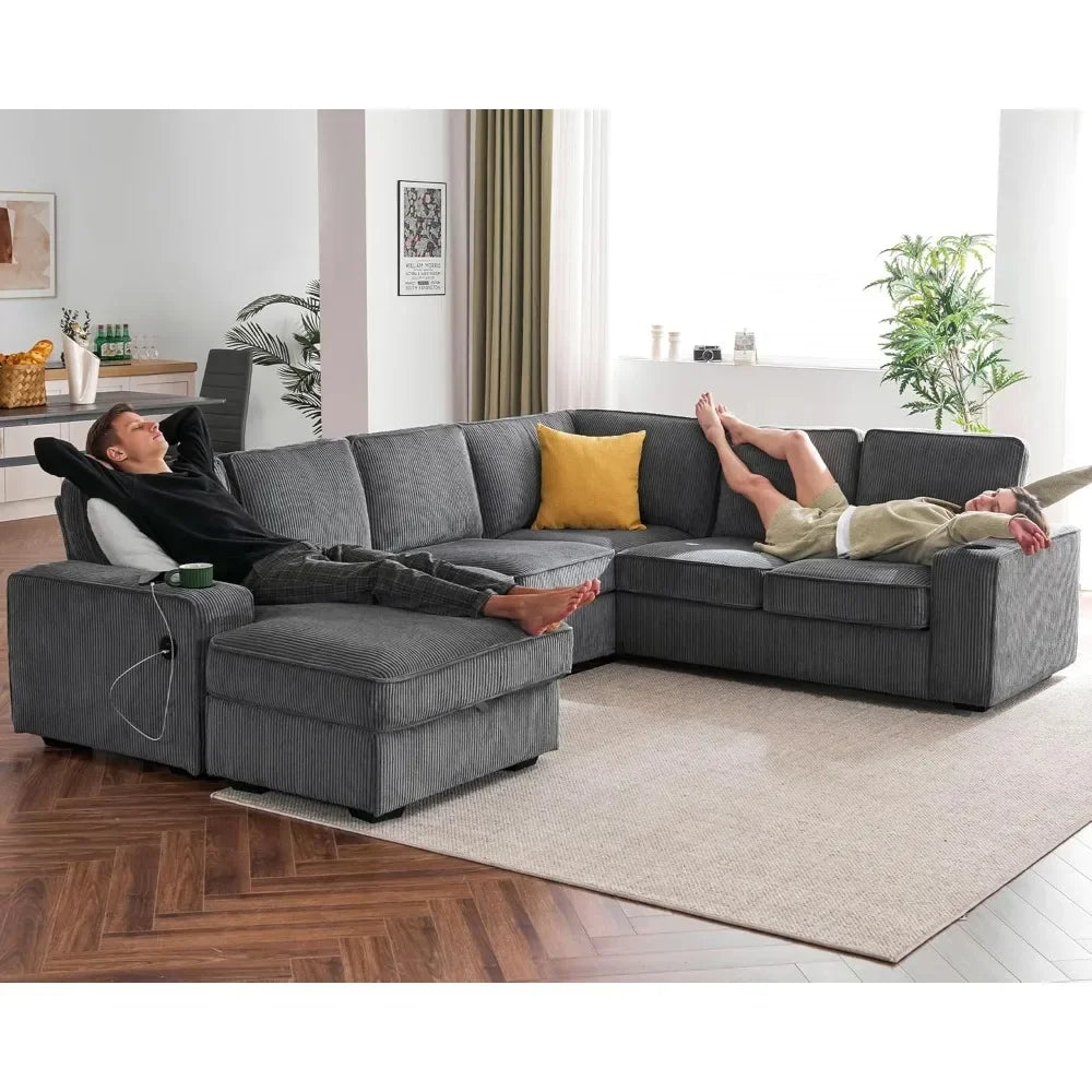 No-EN-Name-Null Modern Oversized U-Shaped 7 Seaters Soft Gray Corduroy Thick Fabric Cushions Chaise Lounge Hidden Storage Two Cup Holders Quick Charge USB Ports Sectional Sofas/Colors-Beige/Gray/Size: 112in x 88in x 33in/Weight Capacity : 2,100 lbs.