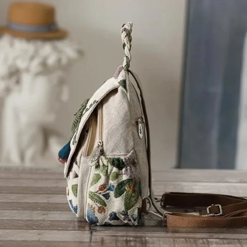 No-EN-Name-Null Women Waterproof Double Zippers Front External Pockets Multicolor Canvas Fabric Bohemian Floral Back Strays-Handle Built-In Single Compartment Lightweight Travel Backpacks/Colors-Beige/Multicolor/Floral
