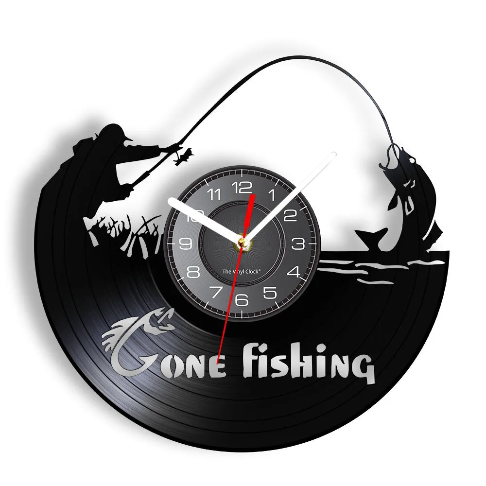 Retro Handmade Plastic Vinyl Record Gone Fishing Silhouette Of Fisherman Catching A Fish With Rod-N-Reel Wall Clocks/Battery Not Included/ 1 AA Battery Size/With-Without LED Light/Colors-Black/Geometric