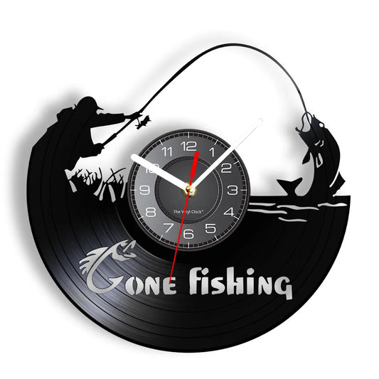 Retro Handmade Plastic Vinyl Record Gone Fishing Silhouette Of Fisherman Catching A Fish With Rod-N-Reel Wall Clocks/Battery Not Included/ 1 AA Battery Size/With-Without LED Light/Colors-Black/Geometric