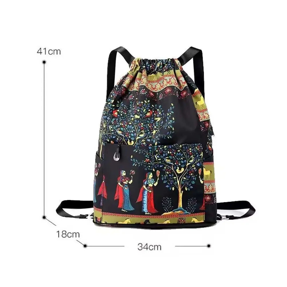 Large Foldable Oxford Cloth Polyester Lightweight Dry-Wet Separation Sports Drawstring Backpacks/External Pockets/Back Straps-Handle/Colors-Black/Animal/Multicolor