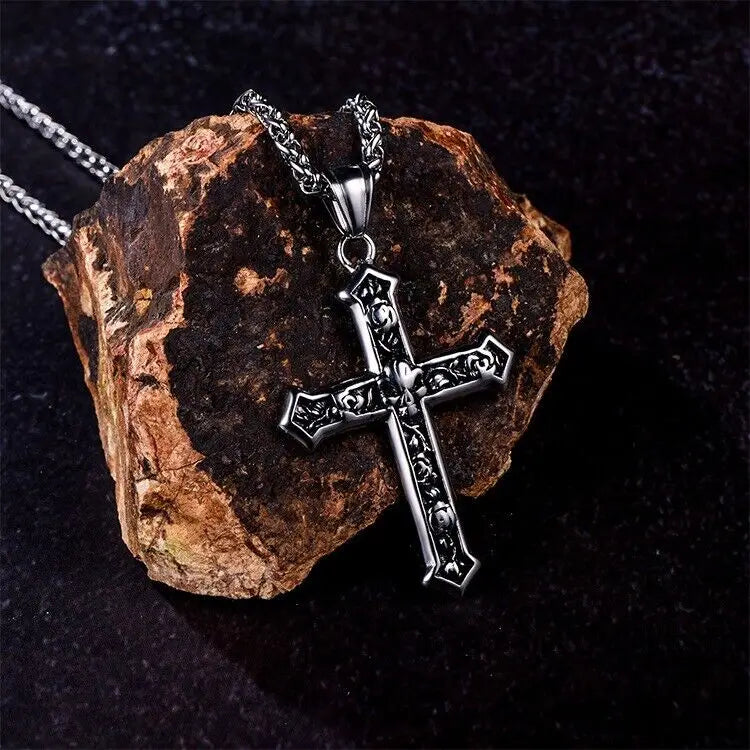 CY TRENDY Adult Men Fine Imitation Silver Stainless Steel Metal Gothic Skull Cross Pendant Box Chain Necklaces