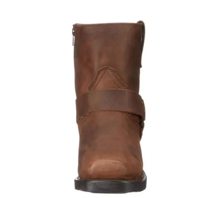 QUEZHOU Adult Men Black-Brown Round Toe Handmade Mid Calf Slip-On Leather Rubber Outsole Western Riding Boots/Sizes: 7-7.5-8-8.5-9-9.5-10-10.5-11-11.5-12