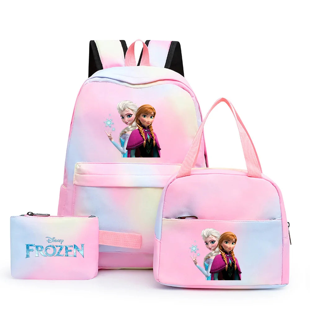 Disney Kids Cute Cartoon Frozen Movie-Elsa-Anna Multicolor Large Waterproof Nylon Fabric Zipper Pockets Shoulder Straps-Handle Single Compartment School Backpacks Sets/ Lunch Bag/Pencil Bag/Colors-Pink/Blue/Multicolor