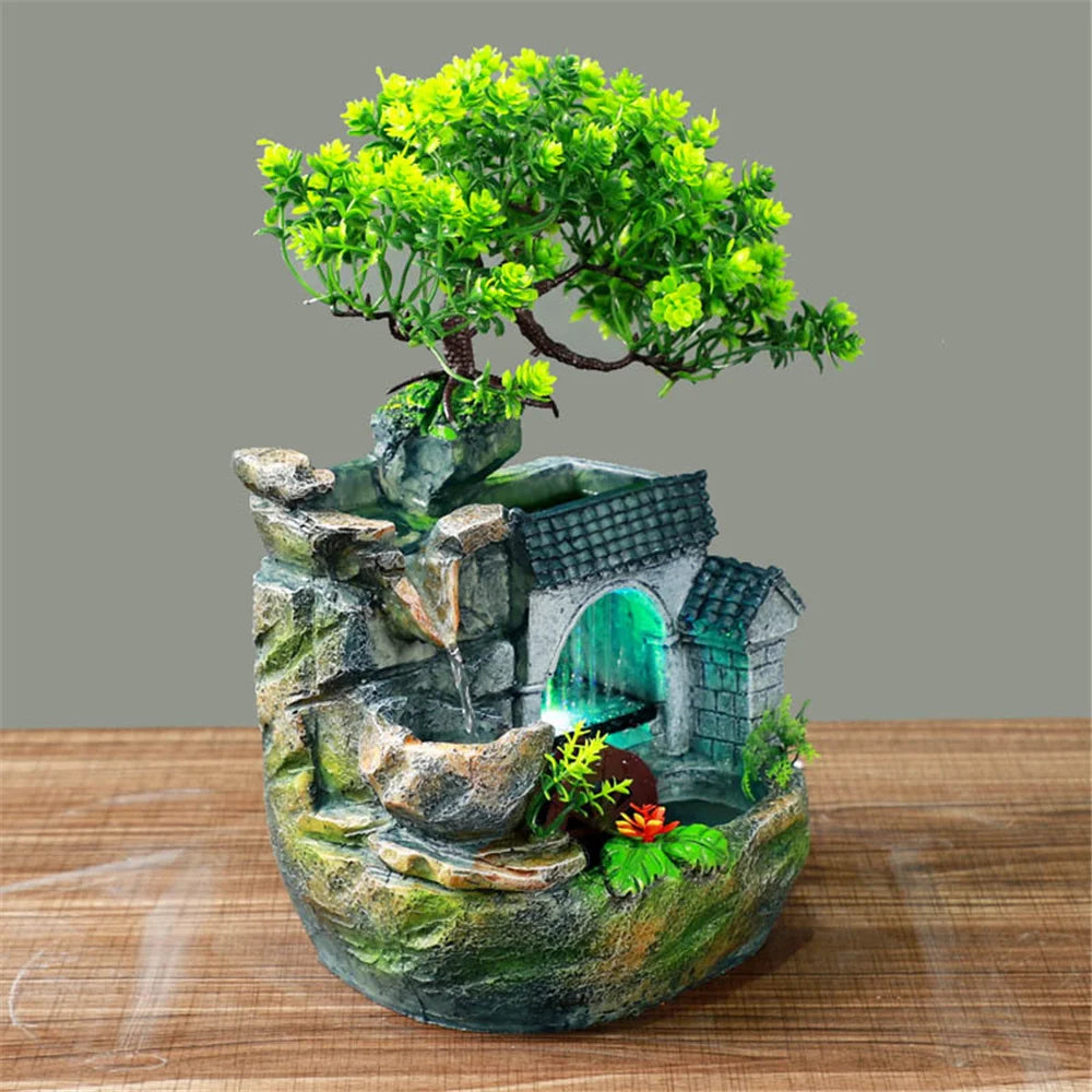 Waterfall Fountain Indoor Home Decor Feng Shui Desktop Small Rockery Simulation Tree Resin Ornaments Crafts with Led Light Gifts