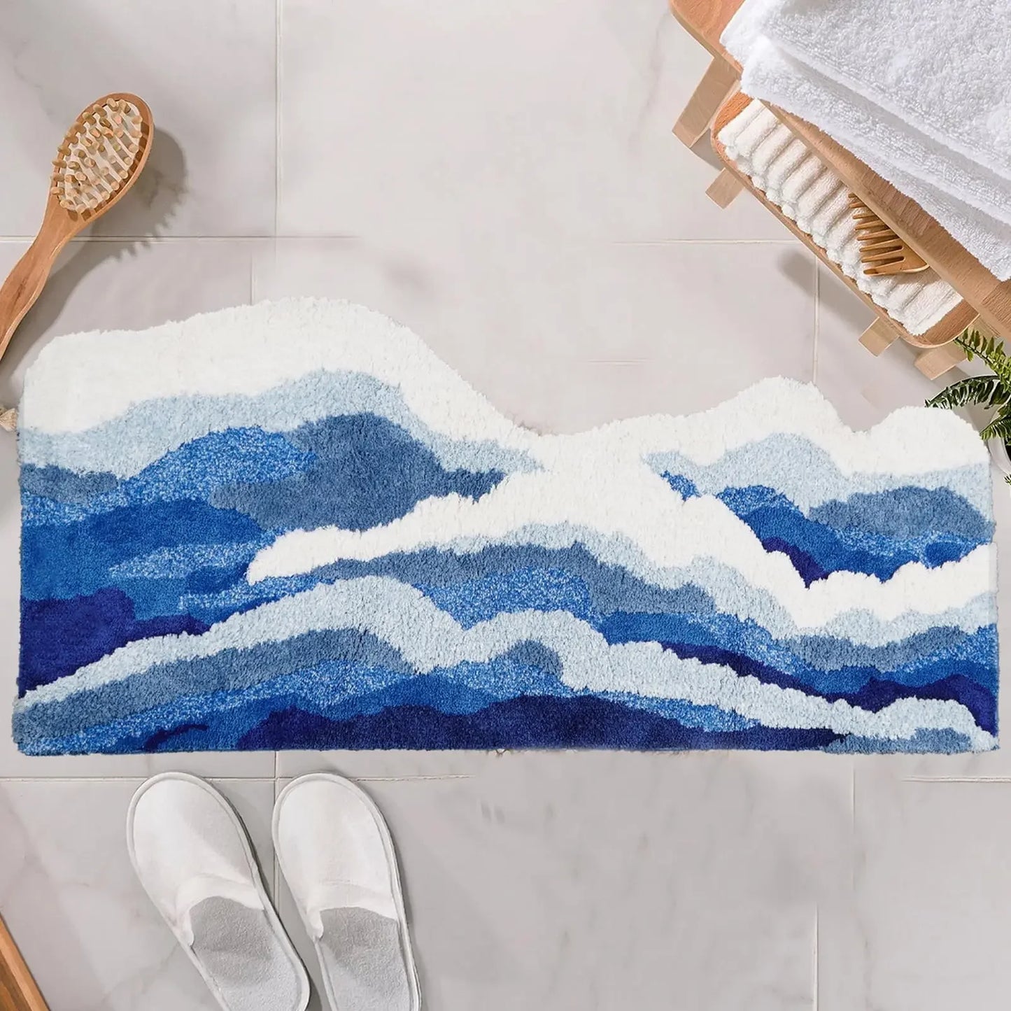 No-EN-Name-Null Indoor Modern Waterproof Washable Machine-Made Blue-White-Gray Soft Polyester Fabric Fade Resistant Coastal Aesthetic Blue Ocean Waves Anti-Slip Base Tufted Rugs/ 3 Sizes:  50x80cm / 50x120cm /70x160cm/Colors-Blue/White/Gray/Multicolor