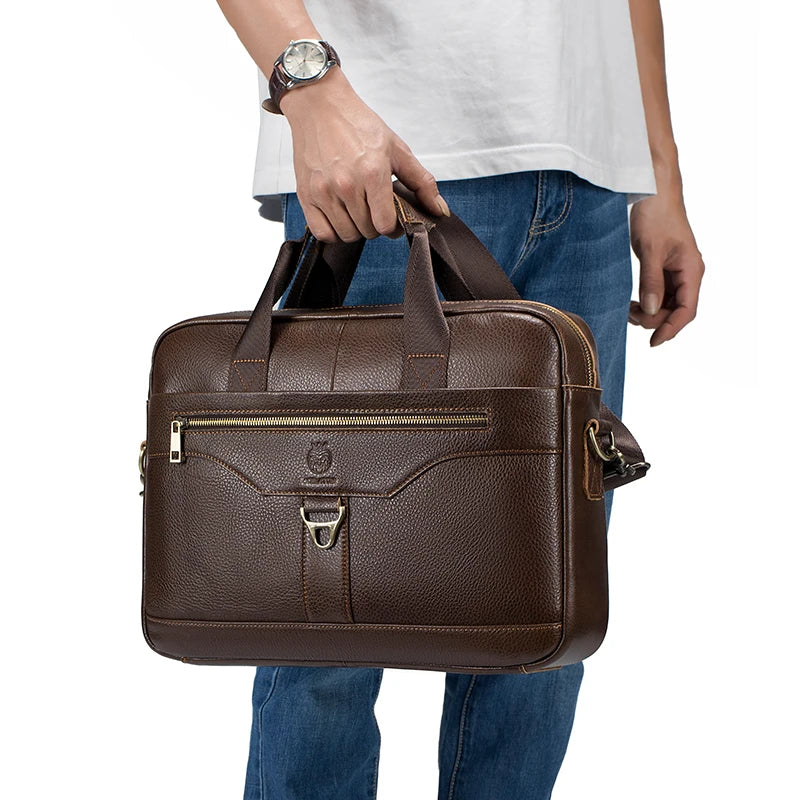SCHLATUM Men Brown-Black Cowhide Leather Rectangle Shaped Two Handles-One Shoulder Strap Silver Metal Zipper Polyester Lining 15.6 Inch Single Laptop Compartment Briefcases /Colors-Black/Brown