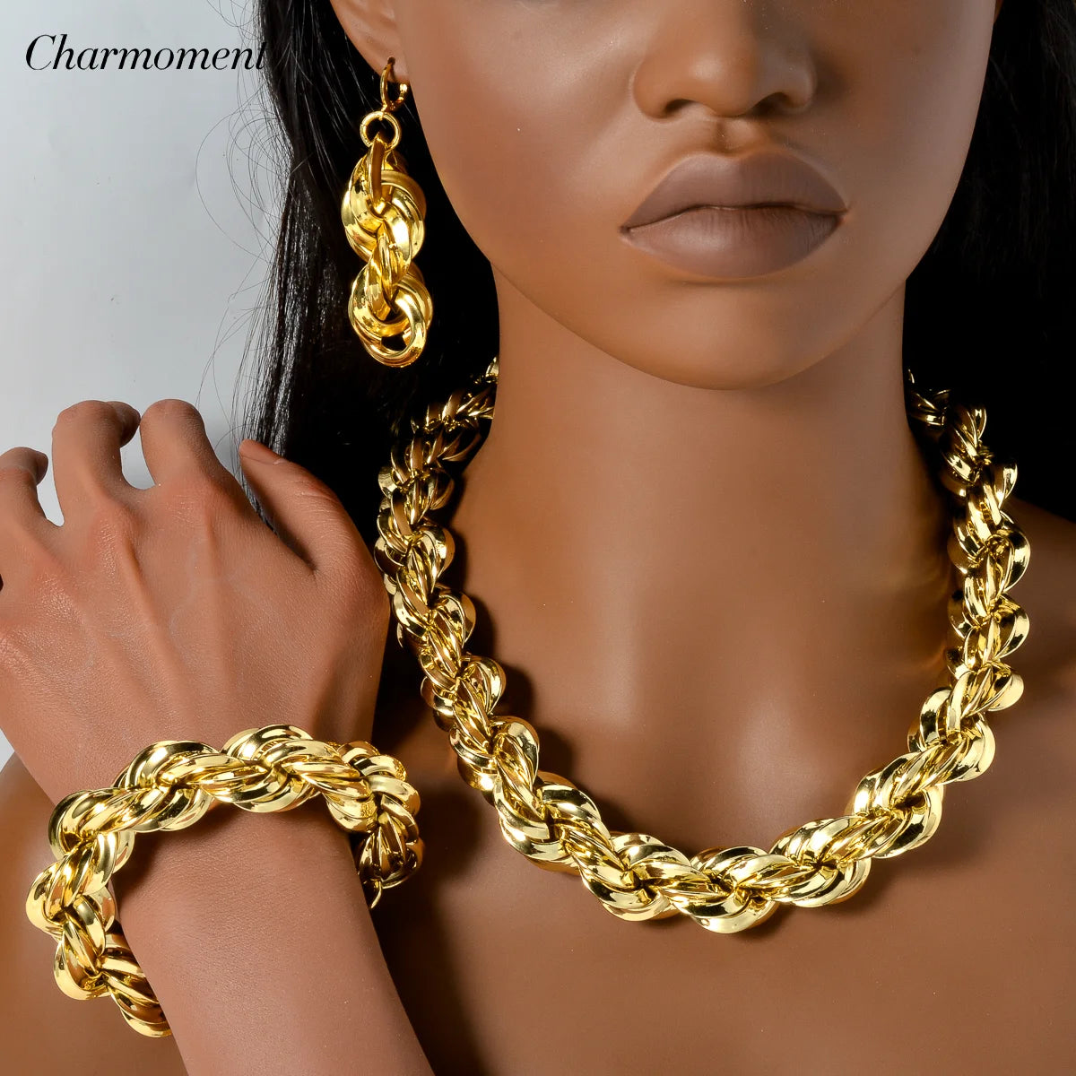 CHARMOMENT Women Fine Imitation Copper Metal Gold Big Chunky Twisted Rope Necklace-Bracelet-Big Dangle Drop Earrings Engagement Jewelry Sets
