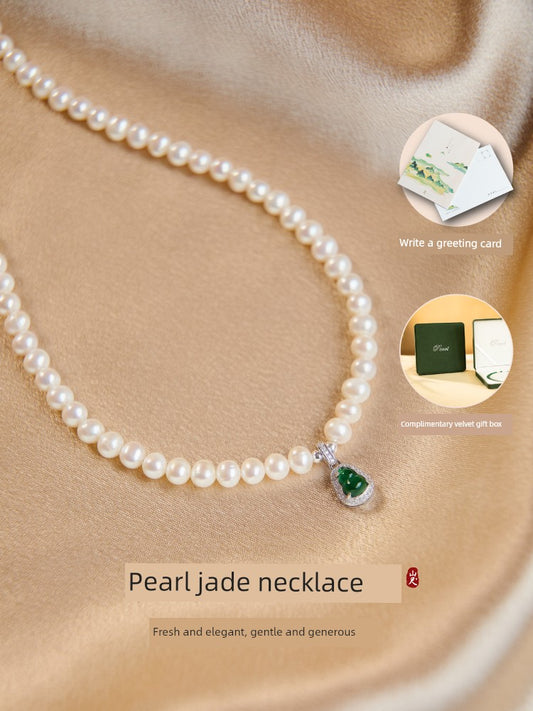 MOUNTAIN RULER Adult Women Fine Imitation Sterling Silver Metal White Mother-Of-Pearl Beads-Natural Green Gourd Jade Pendant Clavicle Chain Necklaces