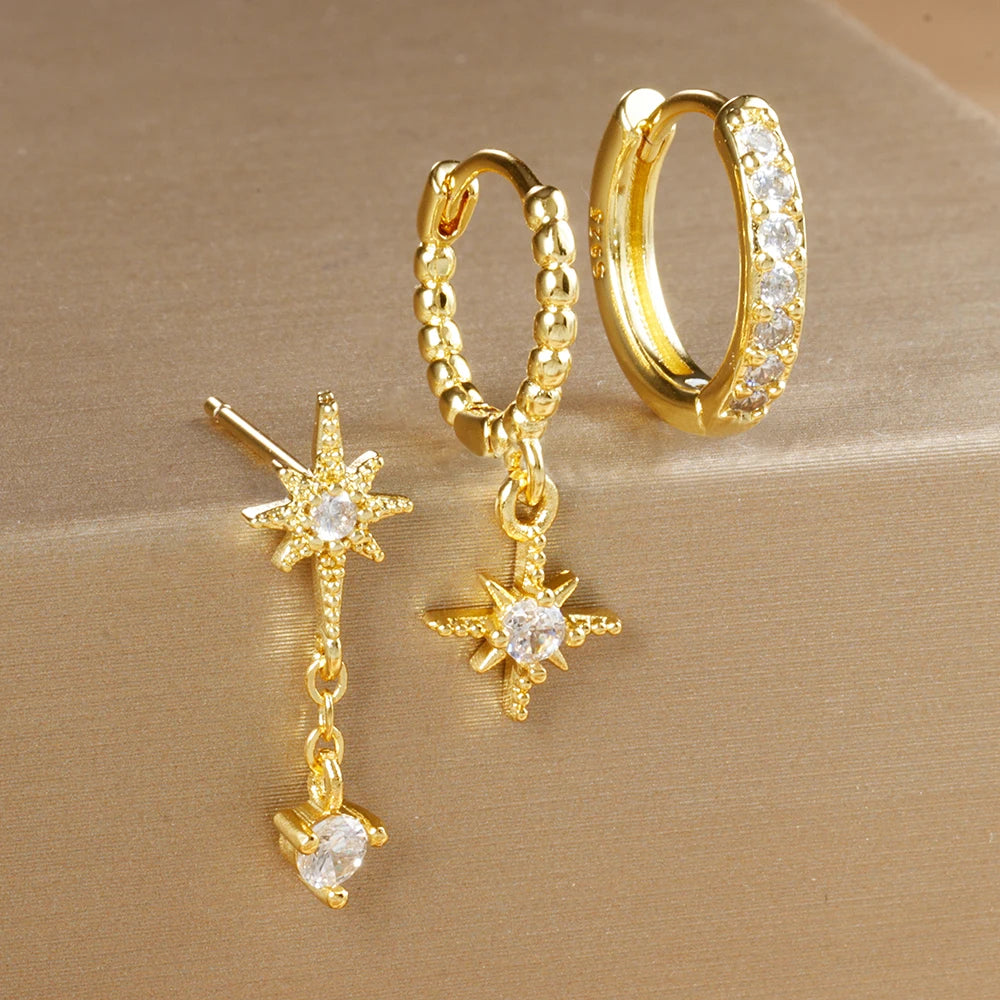 MAODANE 3 PCS Adult Women Fine Imitation Stainless Steel Metal Geometric Gold-Silver-Plated Cubic Zirconia Push-Back Stud Earring Sets