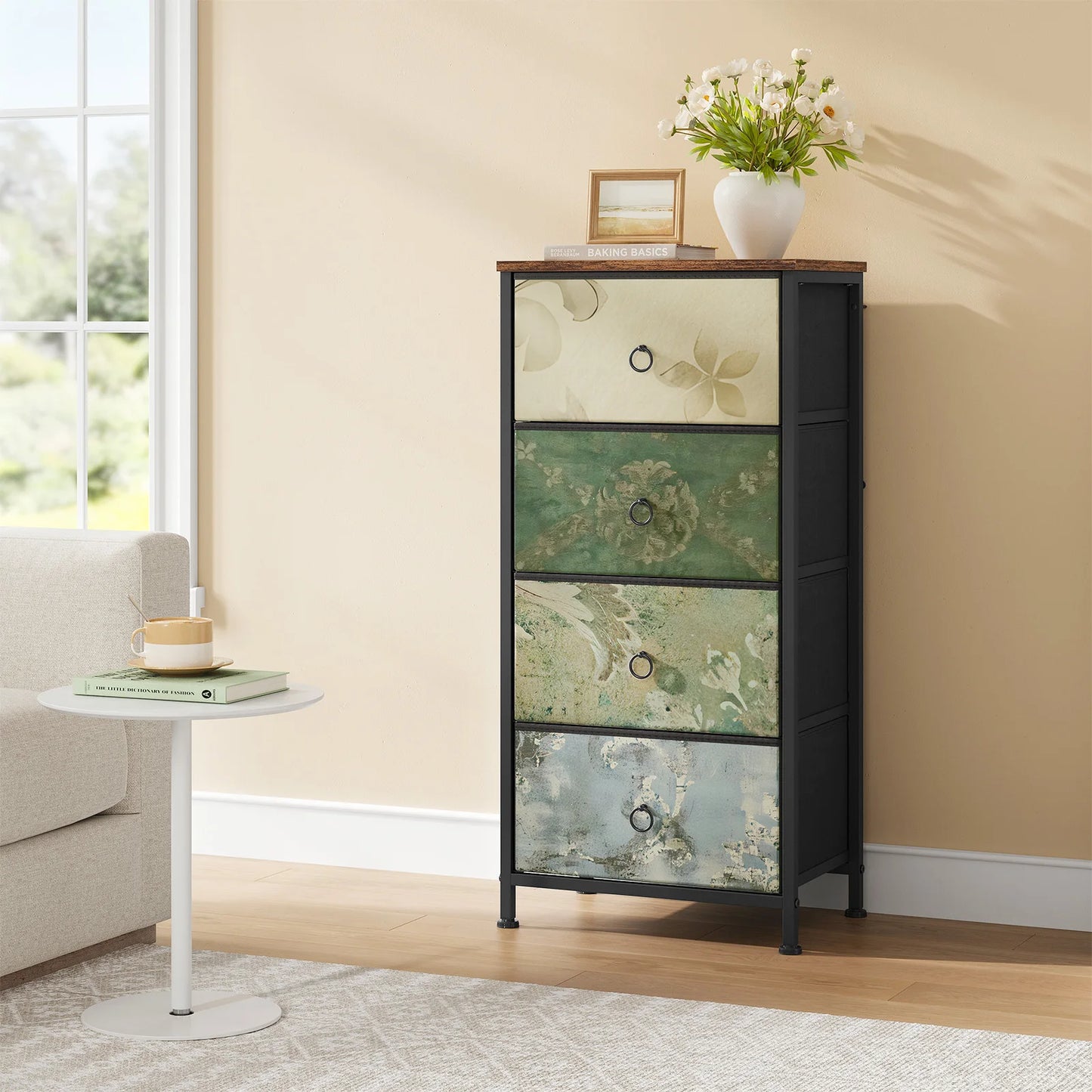 WOLTU Modern Vintage Brown Wood Narrow Dark Gray Floral Motif Pattern Four Non-Woven Fabric Drawers Sideboard Dressers/Colors-Dark Gray/Floral/Vintage Brown