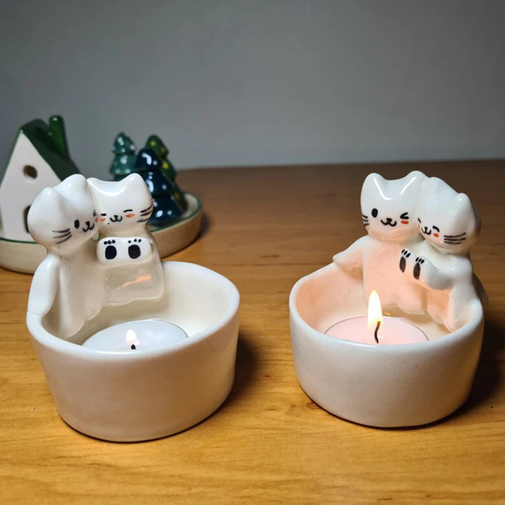 DUUTI Polyresin Heat Resistant White Cute Adorable Eye-Catching Cartoon Funny Cats-Dogs-Rabbits-Foxes Design Round Bottom Small Tea Lights Candle Holders