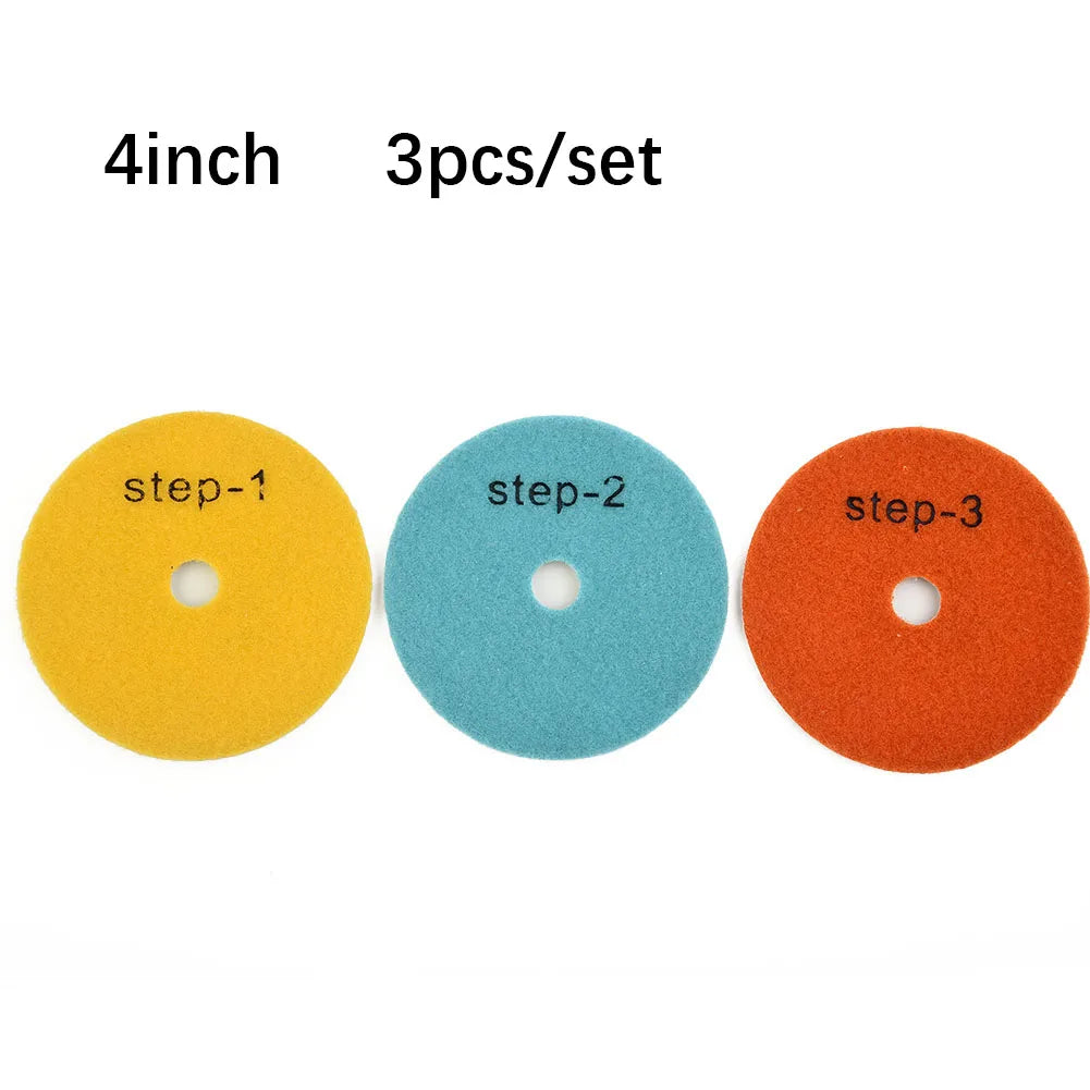 VIBRATITE Wear-Resistant Three-Steps 4 Inch Multicolor Round Shaped Geometric Synthesis Diamond Abrasive Grit Dry-Wet Resin Powder Polishing Pads