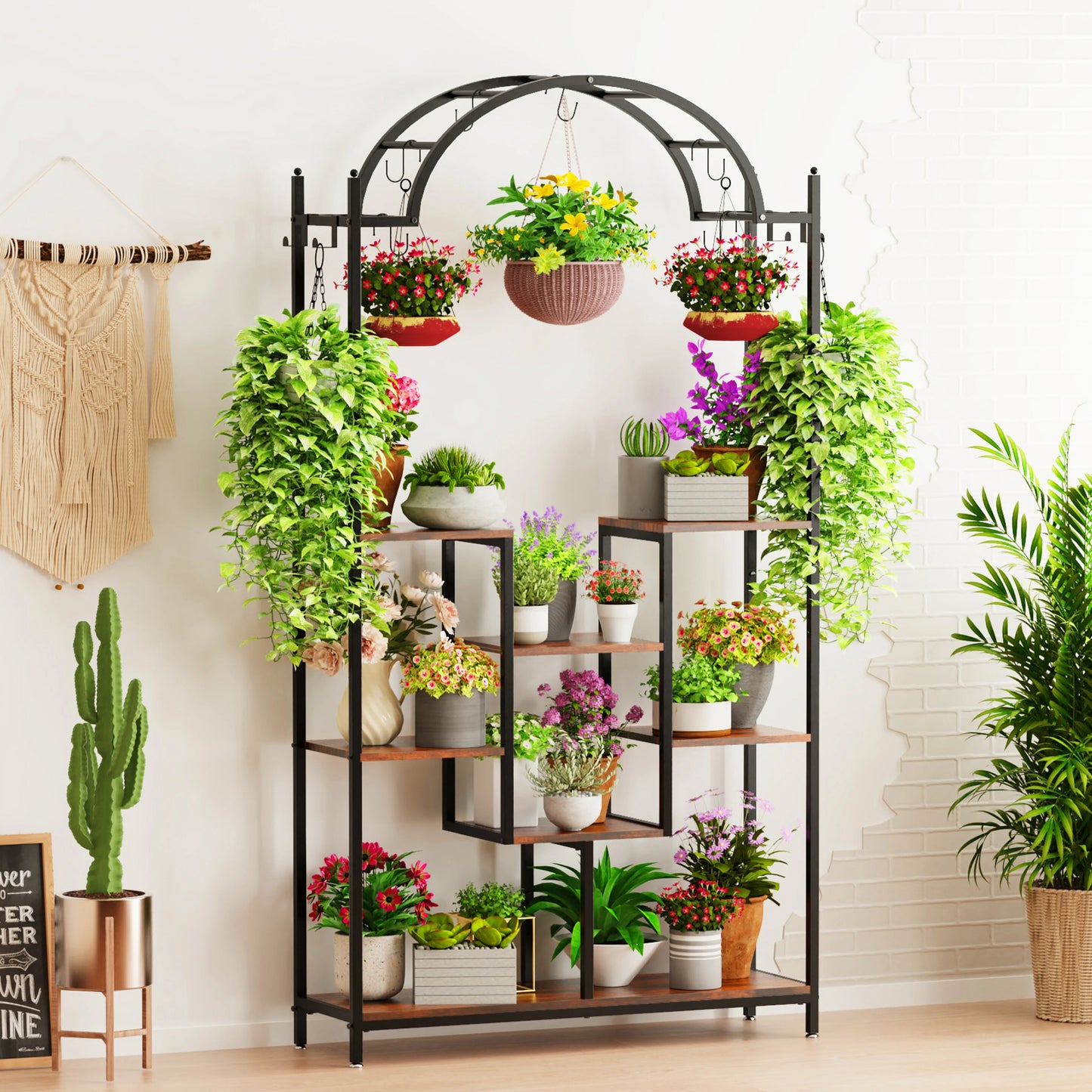 BINGOPAW 5-Tier Indoor Arched Heavy Duty Iron Metal Plant Stands / Pine Chipboard Shelves/Hanging Hooks