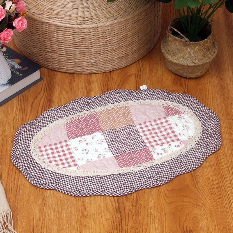 No-EN-Name-Null Indoor Non-Toxic Waterproof Fade Resistant Cotton Fabric Quilted Patchwork Floral Design Hand-Knotted Flatweave Anti-Slip Base Oval Floor Mats-Rugs/Hand-Machine Wash/Colors-Floral/Dots/Striped/Checkered/Multicolor