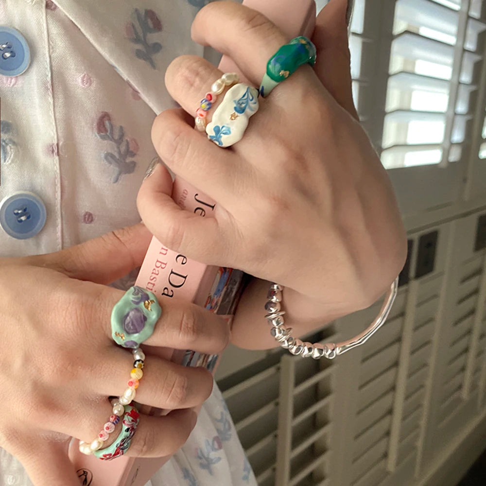 No-EN-Name-Null Adult Women Fine Imitation ONE SIZE Aluminum Metal Multicolor Geometric Couples Stackable Wedding Bands Dripping Oil Design Decorative Rings/Colors-Multicolor/Gold/Floral/Geometric