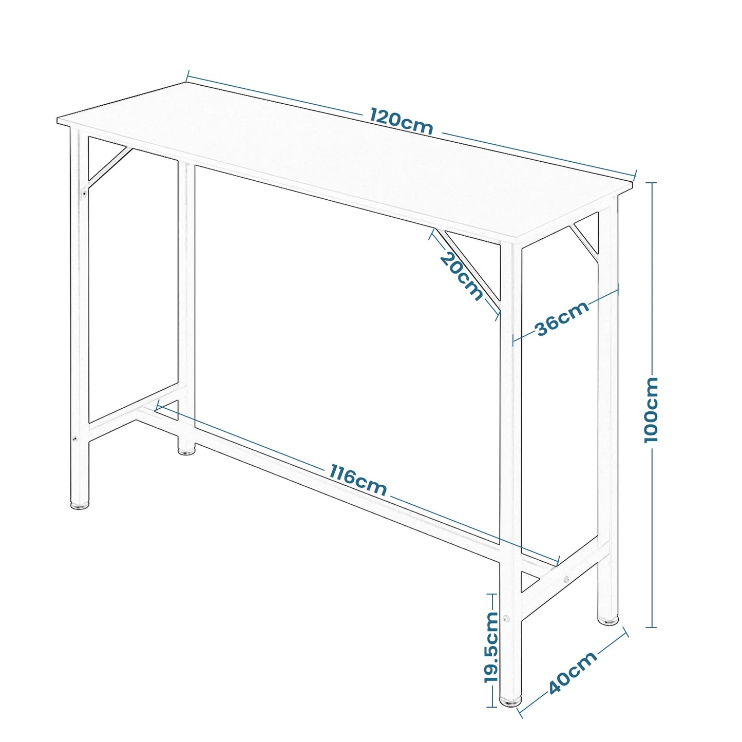 Wood Top Rectangle Narrow High Console Metal Framed Reinforced Bars Cocktail Table/Colors-Black/White