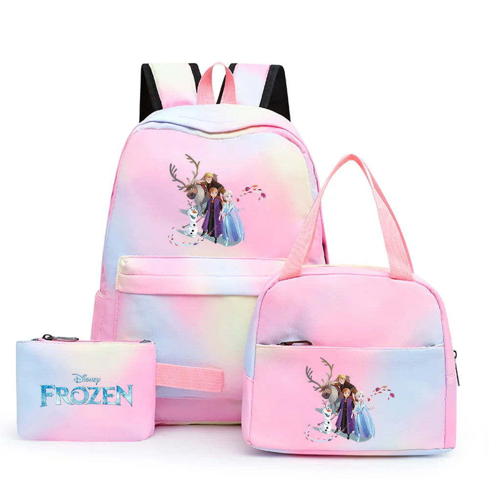 Disney Kids Cute Cartoon Frozen Movie-Elsa-Anna Multicolor Large Waterproof Nylon Fabric Zipper Pockets Shoulder Straps-Handle Single Compartment School Backpacks Sets/ Lunch Bag/Pencil Bag/Colors-Pink/Blue/Multicolor