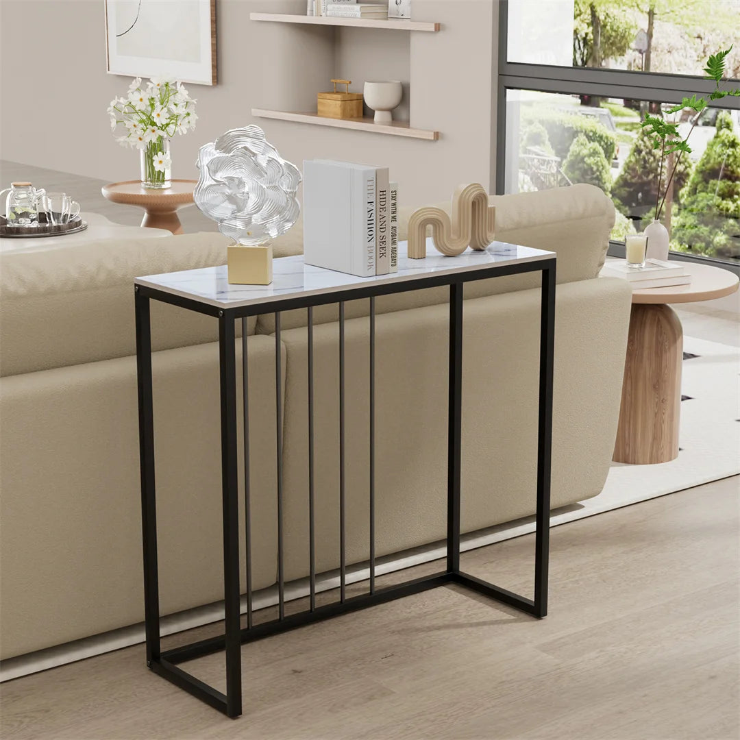 LUVODI Modern Rectangle Shaped White Sintered Stone Top Black Iron Metal Base Door Entry Console Tables/Colors-White Emerald /White/Product Dimension: L x W x H 80x30x78.5cm/ 31.49x11.81x30.90inches