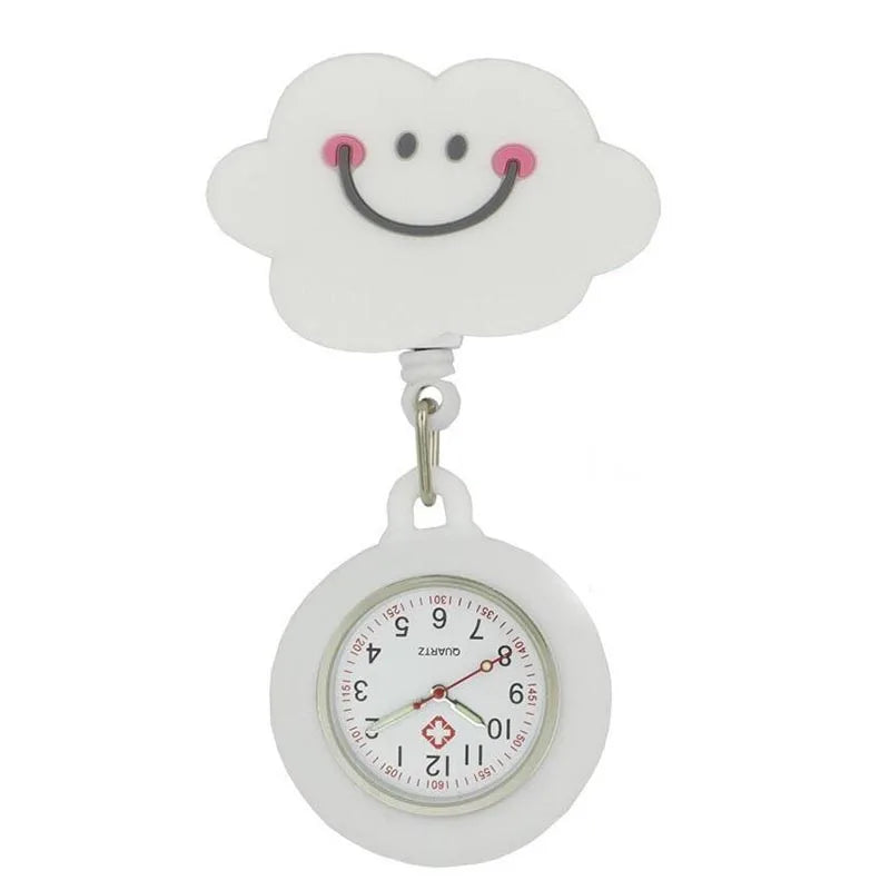 AIYOHI Quartz Analog-Digital Display Round Glass Face Silicone Covered Metal Alloy Case Cute Cartoon Animals-Fruit-Flowers-Cat Paw-Smiling Cloud Design Nurses-Doctors Retractable FOB Pocket Watches
