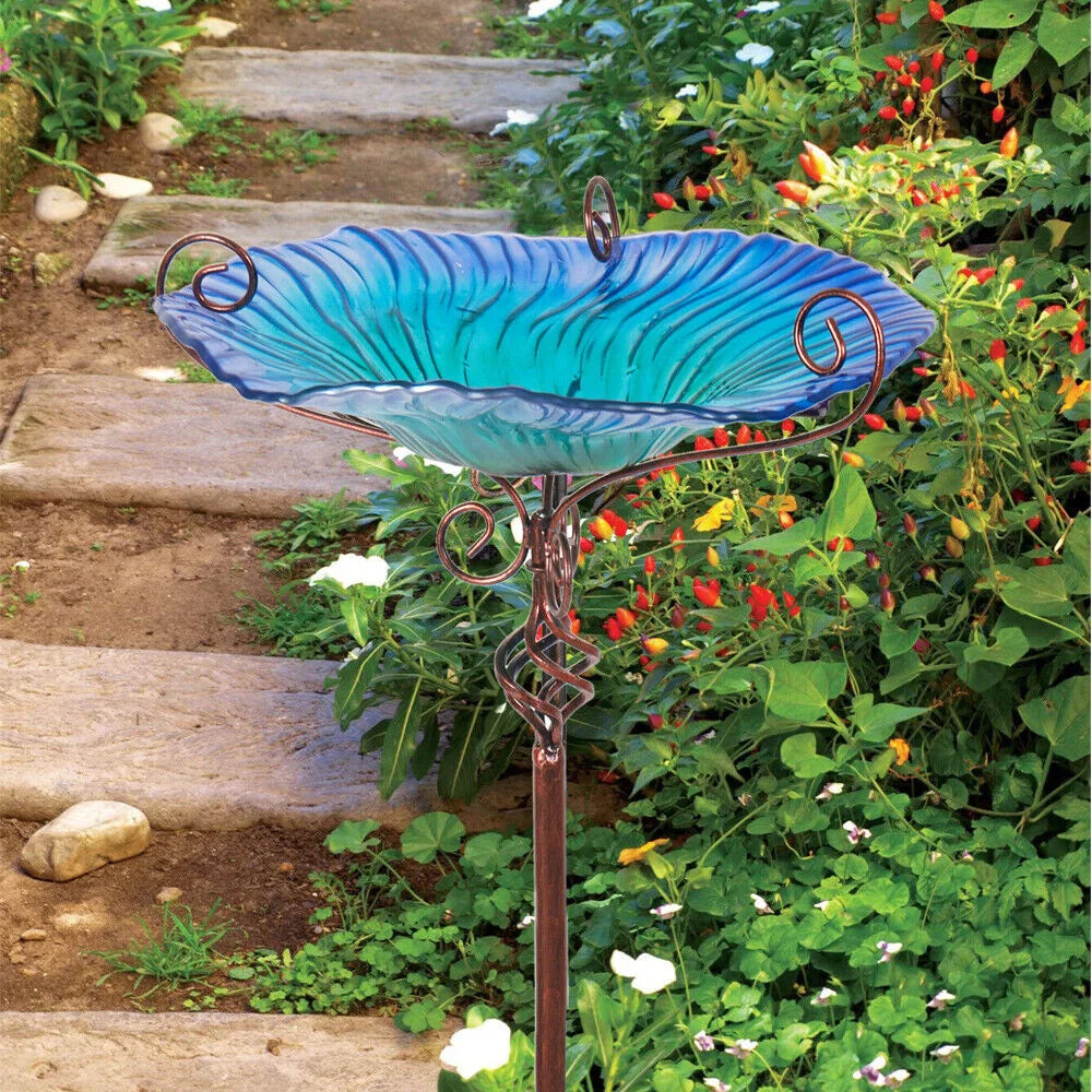 NULL Outdoor Garden Free-Standing Large Floral Blue Glass Bowl-Iron Metal Base Five Prongs Stake Bird Baths/Colors-Blue/Floral/Multicolor