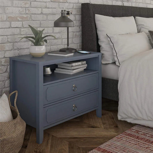 RUO WU Modern Her Majesty Blue Rectangle Shaped Solid Wood Two Drawers Bedside Nightstands/Colors-Mustard Yellow/Blue/Emerald Green/Lavender