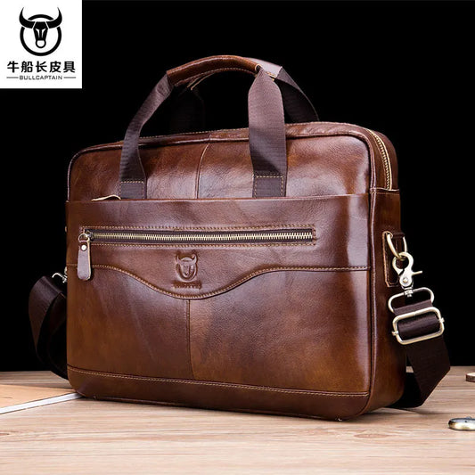 BULLCAPTAIN Cow Leather Zipper Briefcase Polyester Bags/ Handles/ Shoulder Straps/Fits 14 Inch Laptop/Built-In Compartment/Colors-Brown/Black
