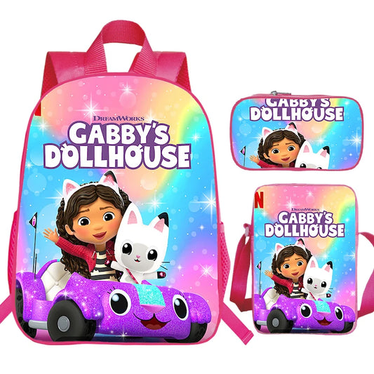 JUNBIE Kids Waterproof Pink Nylon Fabric Cute Cartoon Gabby's Dollhouse Design Zippers Curve Back Shoulder Straps-Handle Built-In Laptop Compartment External Pockets Backpacks/Colors-Pink/Multicolor