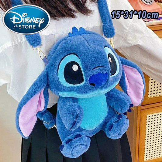 MINISO Lightweight Kawaii Disney's Soft Plush Blue Stitch Doll-On Front Single Compartment Crossbody Shoulder Straps Cotton Fabric School Backpacks
