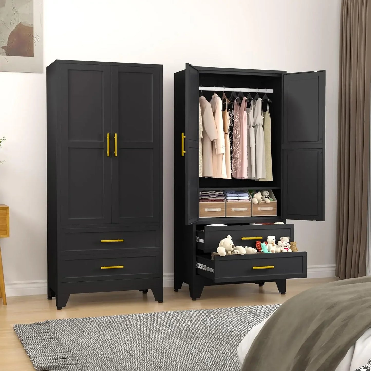 No-EN-Name-Null Modern Rectangle Large White-Black-Gray Two Door Storage Closet Adjustable Shelves One Hanging Steel Metal Rail Rod Two Sliding Drawers Armoire Wardrobes/ Size: 17.72"D x 31.5"W x 70.87"H