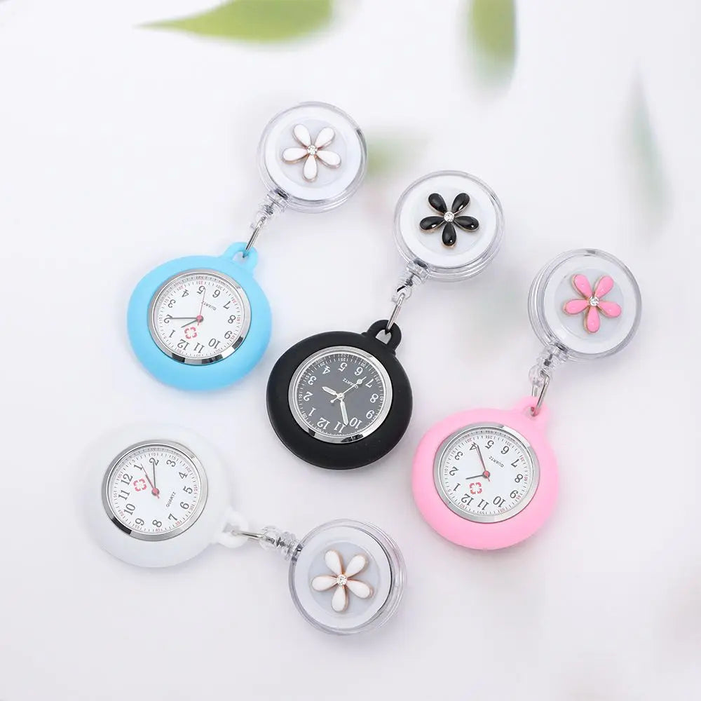 No-EN-Name-Null Adults Waterproof Glass Face Round Shaped Quartz Digital-Analog Display Nurse-Doctor Cute Flower Design Pink Silicone Cover Metal Alloy Case Clip-On Retractable Fob Pocket Watches/Colors-Pink/Black/Blue/White