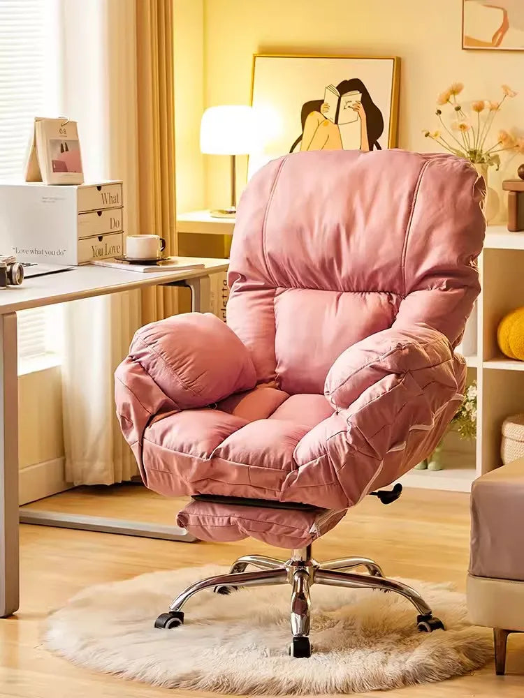 No-EN-Name-Null Mahjong Beige Upholstered Soft Plush Comfortable Fabric Adjustable Rotating Armed Five-Point Metal Four Roller Wheels Base Computer Office Chairs/Pull-Out Footrest/ Colors-Gray/Pink/White/Blue/Beige