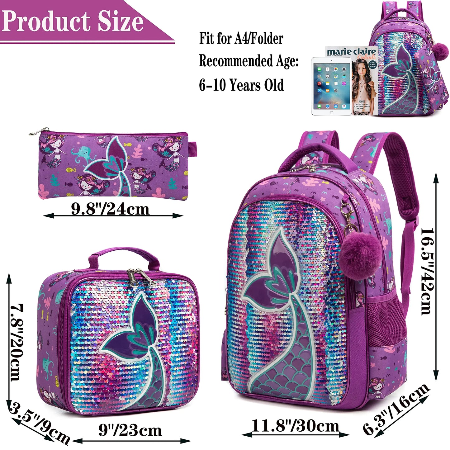 MEETBELIFY Kids Softback Lightweight Waterproof Pink-Purple Nylon Fabric Lightweight Glitter Sequin Zippers Shoulder Straps-Handle Polyester Lining Laptop Compartment Internal-External Pockets School Backpacks/Lunch Box/Pencil Case/Water Bottle Holder