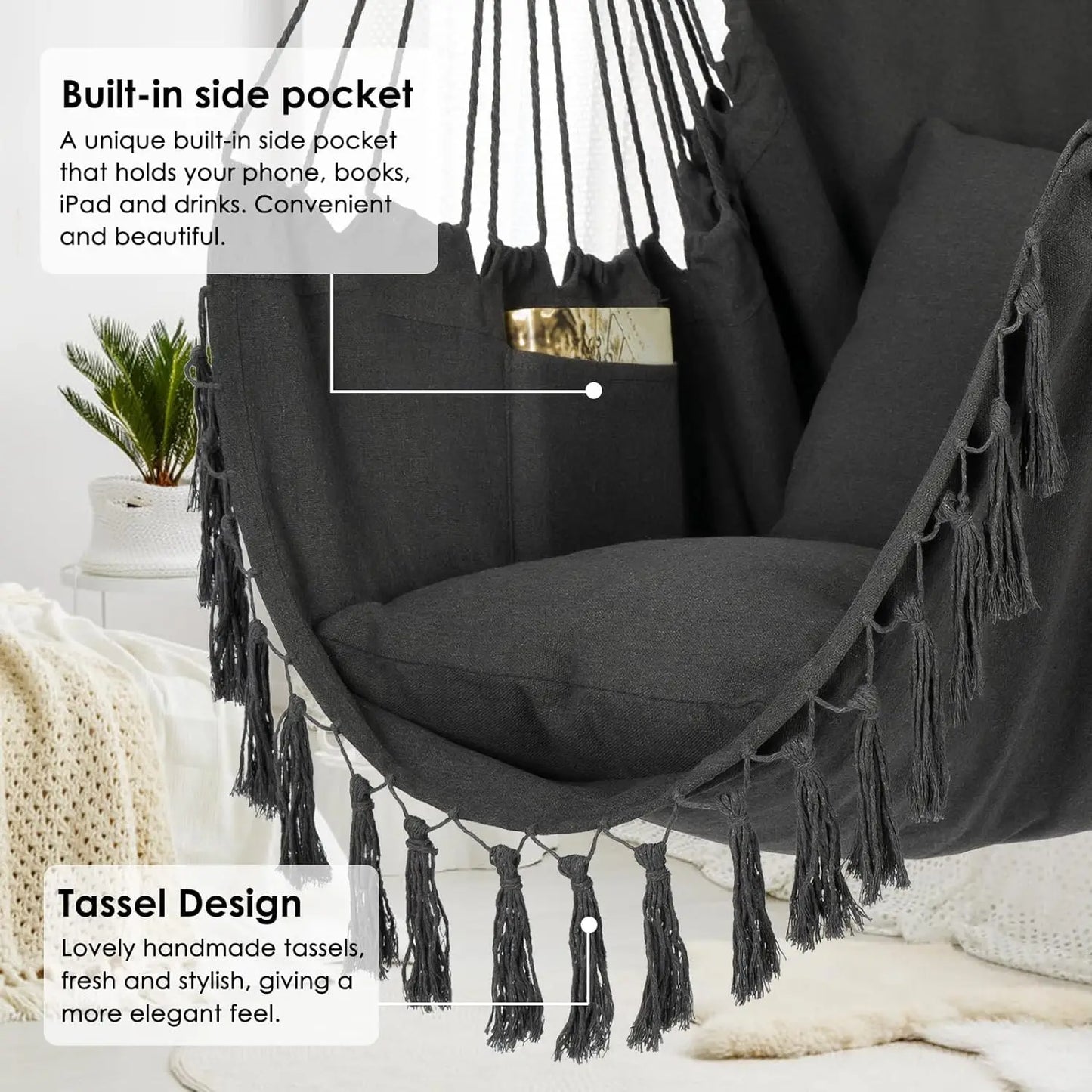 Retro Cotton Weaved Hammock Hanging Swing Chair/ 2 Cushions / Large Pocket/Weight Max 500 lbs/Colors-Black/White/Gray/Beige/Multicolor