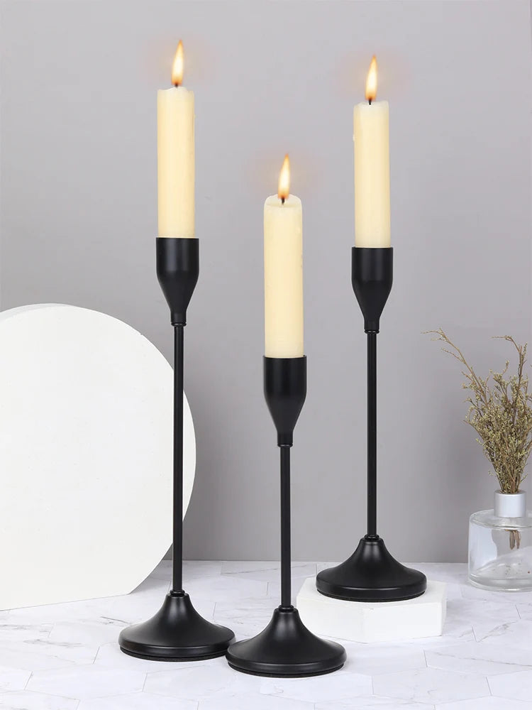 Modern 3 PCS European Round Black Metal Tabletop Stick Candle Holders Sets/Colors-Black/Gold/Silver