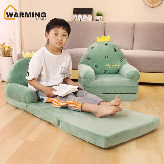 MDNG Modern Kids Customized Upholstered Padding Cute Soft Gray Velvet Fabric Cartoon Animal Faces Folding-Out Play Arm Chairs/Sponge Filling/Colors-Green/Pink/Yellow/Gray/Animals