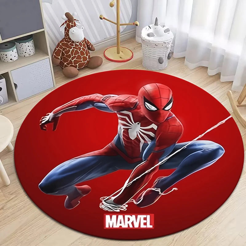 MINISO Round Shaped HD Printed Red Background MARVEL Spider Man Design Anti-Slip Plastic Dots Bottom Fade Resistant Soft Velvet Polyester Fabric RUGS /Colors-Orange/Blue/Red/Multicolor