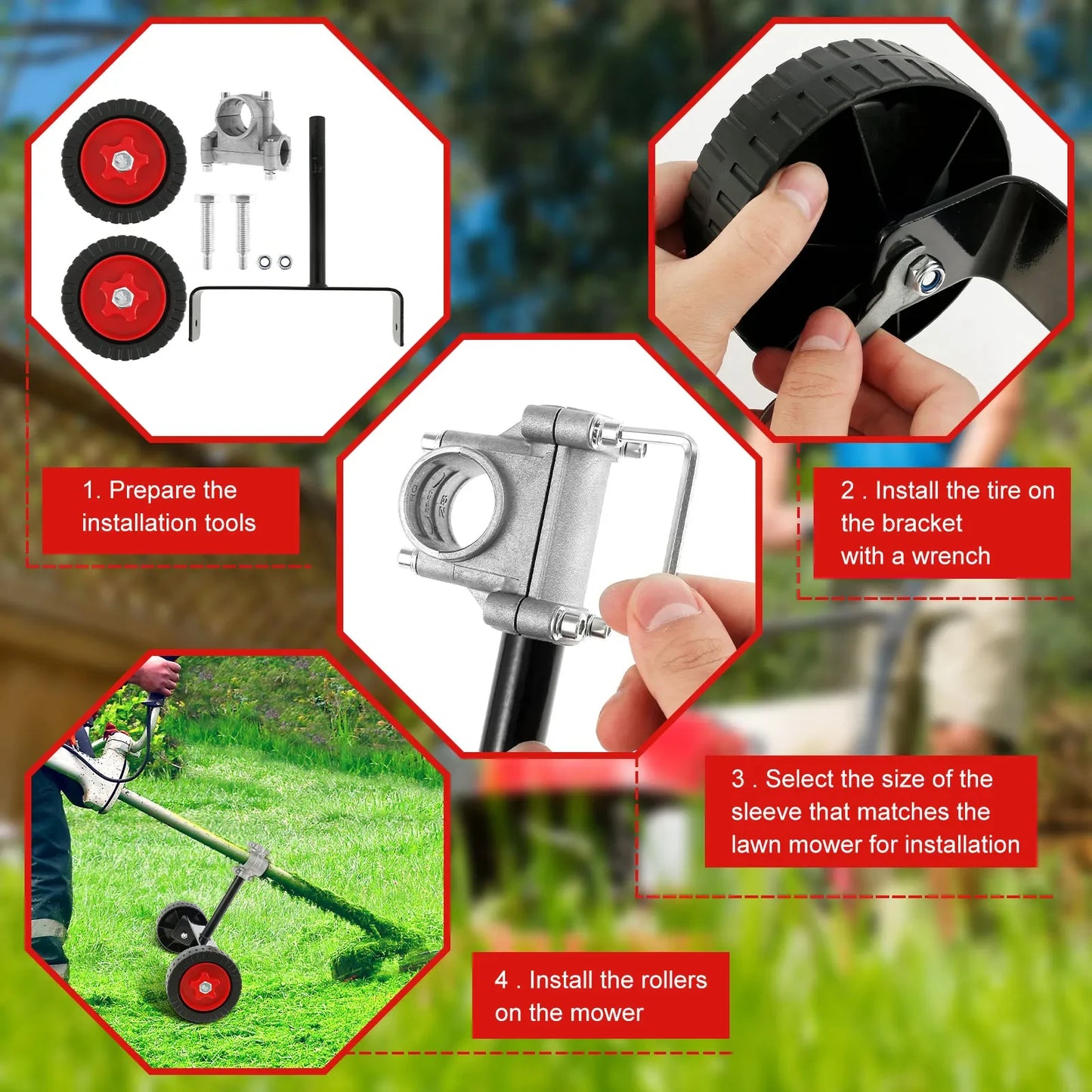 TOORISE Adjustable Height Weed-Grass Trimmers Black-Red Plastic Rollers Metal Support Wheels Weed Trimmer Accessories