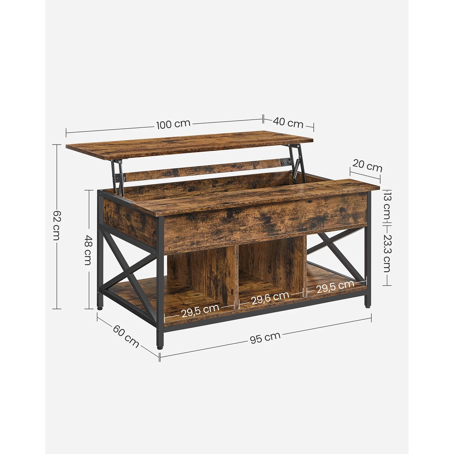 VASAGLE Modern Rustic Brown Lift-Up Wood Table Top Hidden Storage Steel Metal X-Shaped Bars Frame Coffee Tables/Colors-White/Beige/Rustic Brown