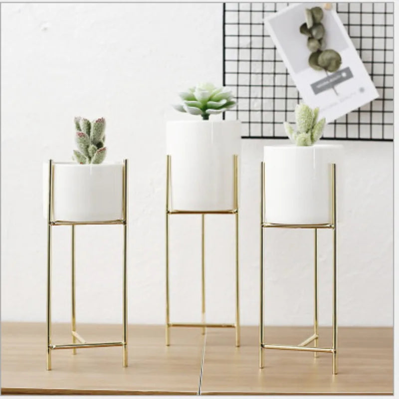 No-EN-Name-Null Indoor White Ceramic-Enamel Pot-Nordic Black Wrought Iron Metal Frame Base Round Shaped Flowerpots Planters /Colors-Gold/Green/White/Black