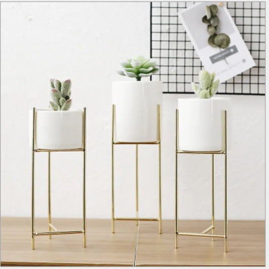 No-EN-Name-Null Indoor White Ceramic-Enamel Pot-Nordic Black Wrought Iron Metal Frame Base Round Shaped Flowerpots Planters /Colors-Gold/Green/White/Black
