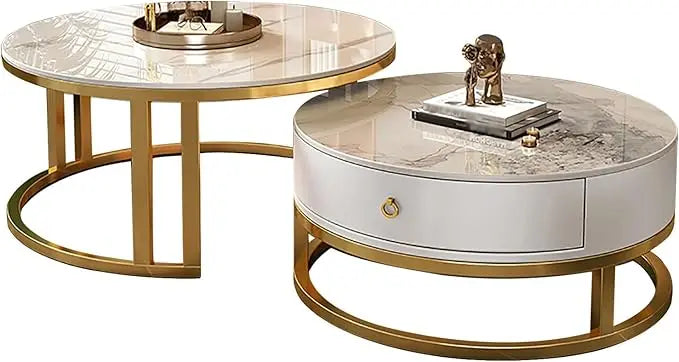 RUO WU Modern Two-In-One Brown Glass Top Metal Frame Base Nesting Coffee Tables/1 Drawer/ Size: 74"D x 74"W x 31"H/Colors-Clear/White/ Silver/ Multicolor
