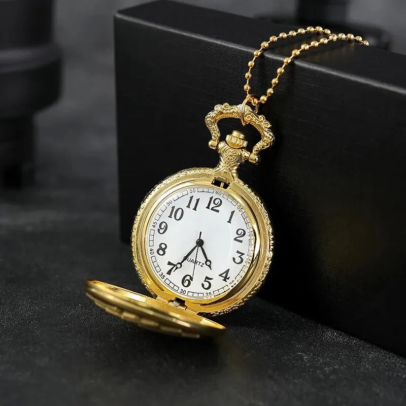 DEYROS Adults Quartz Analog Display Abrasion-Resistant Glass Face Gold-Bronze Round Shaped Metal Case Necklace Ball Chain-Pocket Watches