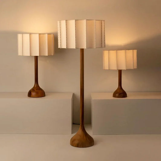 Japanese LED Wabi-Sabi Downward Fabric Shade Polished Steel Finish Solid Wood-Bamboo Round Base Table Lamps/Colors-Brown/White