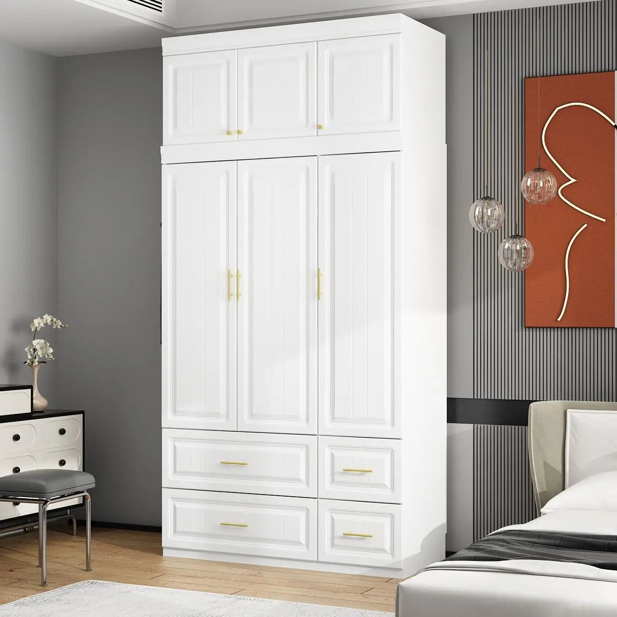 XMSJ Modern White MDF Wood Three-Doors Top Cube Storage One Hanging Rod Gold Metal Handles Four Drawers Bedroom Armoire Triple Wardrobes/Shelves/Dimensions: 47.2"W x 20.6"D x 93.9"H