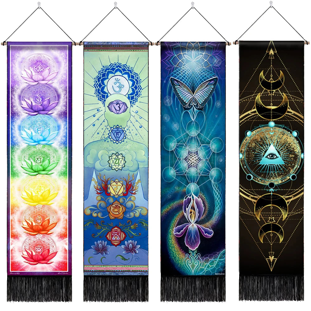 Unisex Rectangle Knitted Cotton-Polyester Blend Printed Soft Fabric 4 Colorful Geometric Chakras Themes Intricated Design Fringed Spiritual Meditation Wall Hanging Tapestries